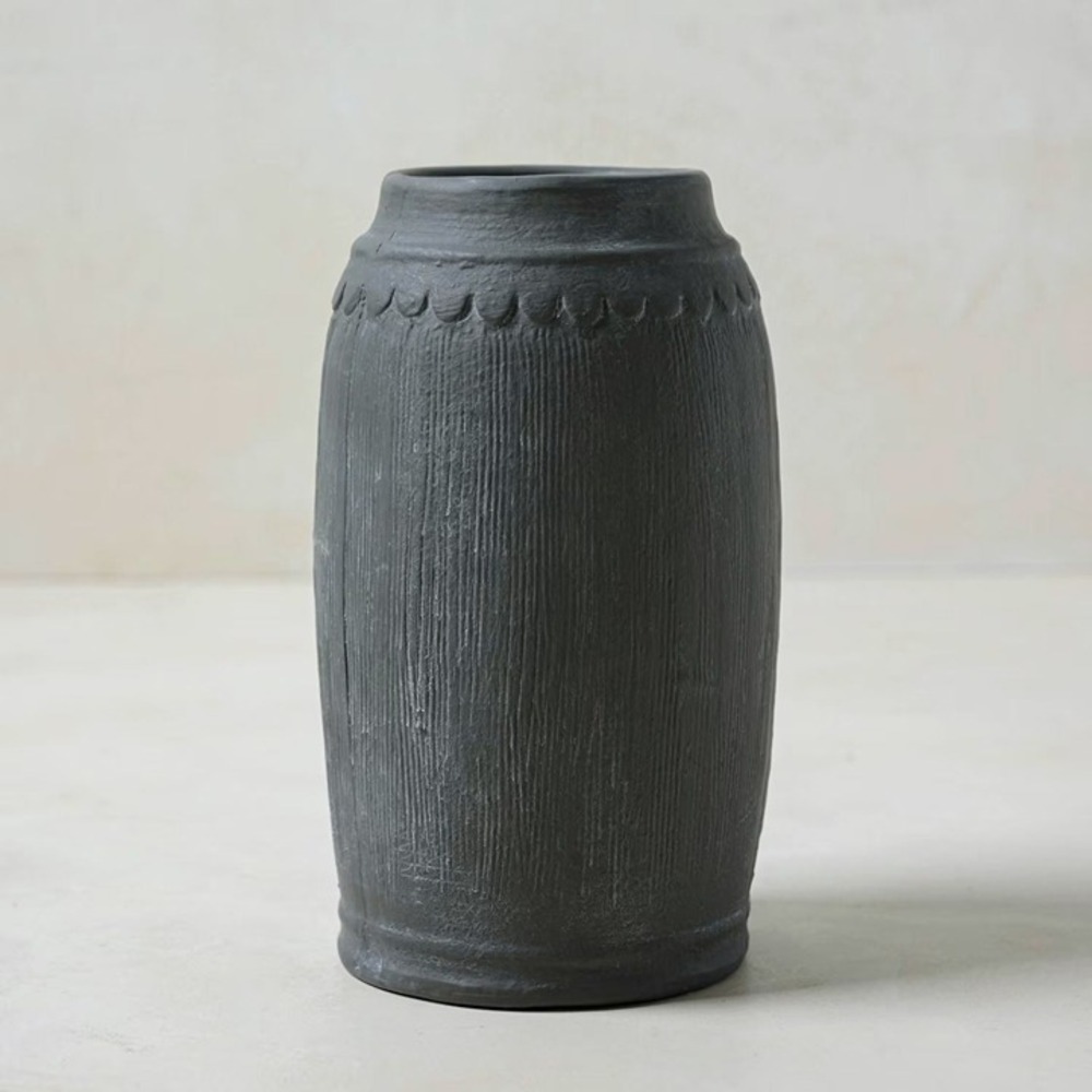 Magnolia Scalloped Black Vase -‎ Small - Distressed Finish, Ceramic